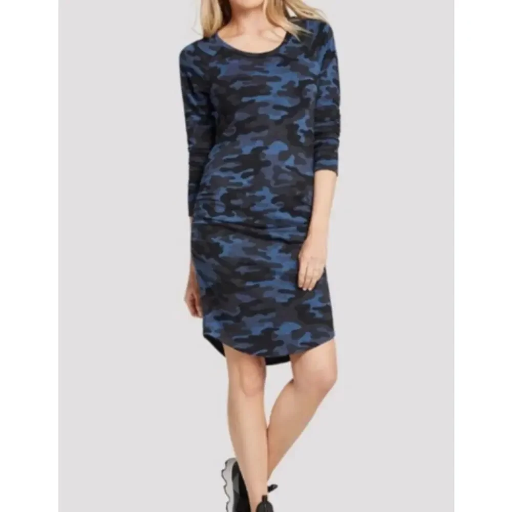 Sundry Sweatshirt Dress Blue Black Camo Print Ruched Sides Evereve 4 XL‎